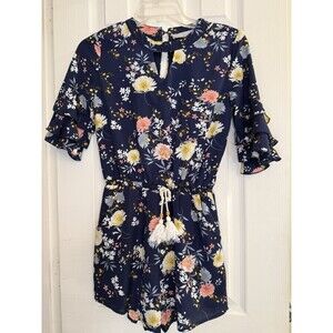 Smükke Girls Navy Floral Ruffle Sleeve Romper Size 10 Lined Belted Summer Outfit
